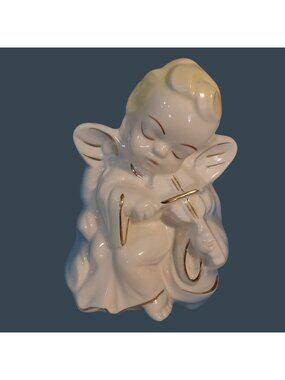 Vintage Ceramic Angel Playing Violin Planter Gold Accents